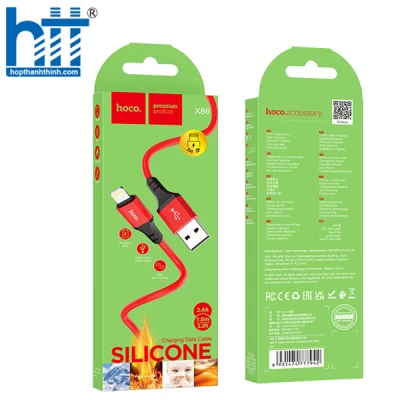 Cáp X86 Lightning Spear silicone charging data cable 1M, 2.4A (Đỏ)