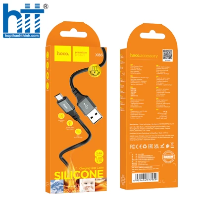 Cáp X86 Micro Spear silicone charging data cable 1M, 2.4A (Đen)