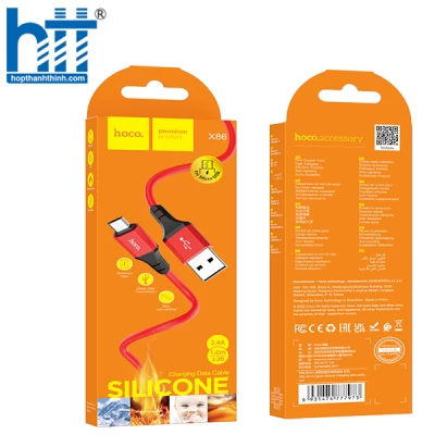 Cáp X86 Micro Spear silicone charging data cable 1M, 2.4A (Đỏ)