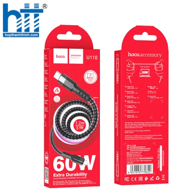 CÁP SẠC U110 Type-C to Type-C 60W charging data cable 1.2M, 60W 20V/3A, 3A (Đen)
