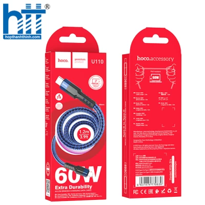 CÁP SẠC U110 Type-C to Type-C 60W charging data cable 1.2M, 60W 20V/3A, 3A (Xanh)